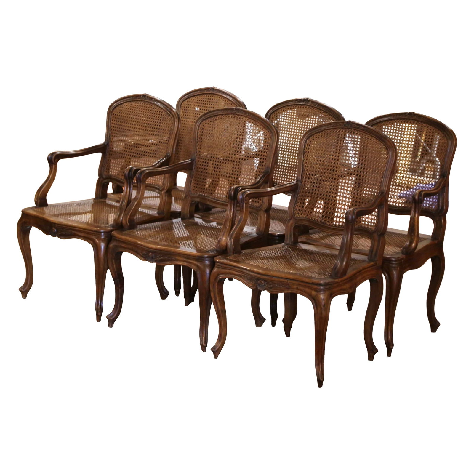 Set of 6 Antique Louis XV Carved Walnut Cane Armchairs France 1880: Set of 6 Antique Louis XV Carved Walnut Cane Armchairs France 1880 Elevate your dining experience with this exquisite set of six 19th Century French Louis XV carved walnut and cane dining armchairs. C