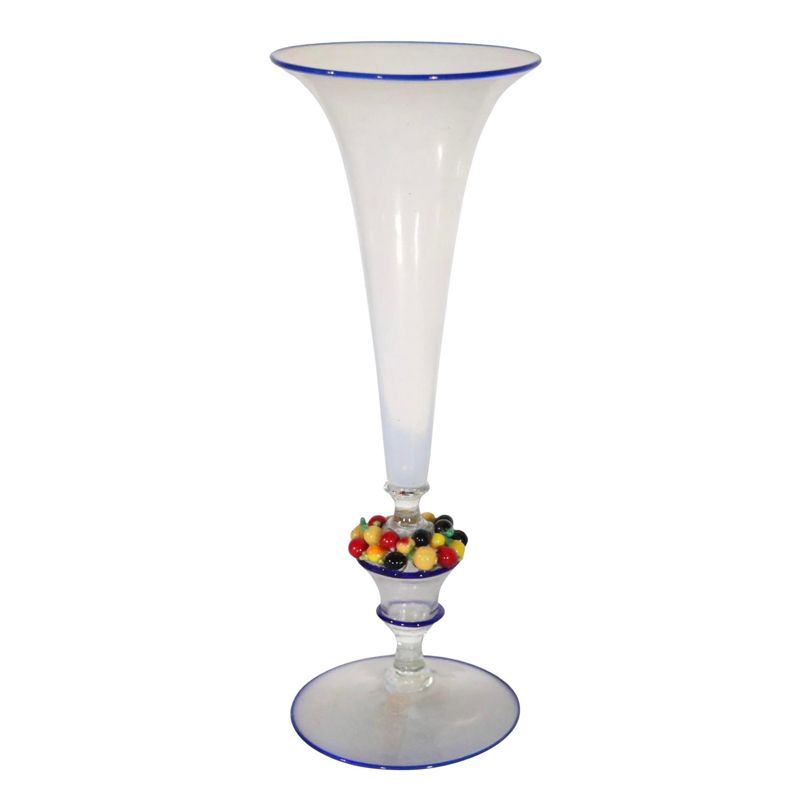 Murano Art Glass Trumpet Vase Blue Vintage Possibly Venini: Murano Art Glass Trumpet Vase Blue Vintage Possibly Venini This stunning trumpet form art glass vase is a remarkable piece crafted in Murano, Italy. It features an elegant design with a basket of frui