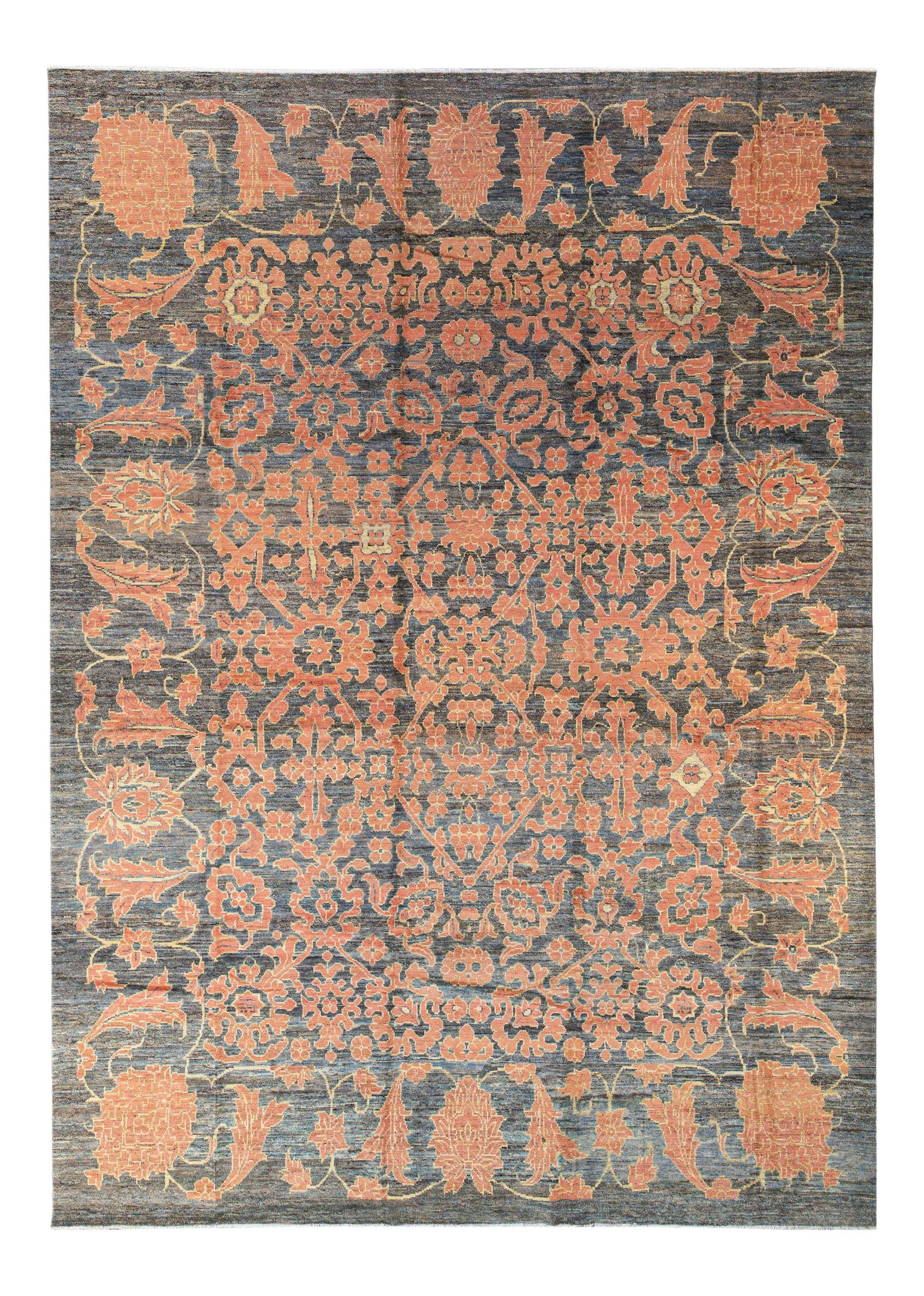 Stunning Modern Oushak Handmade Wool Rug Gray Orange Floral 12'1 x 16'10: Stunning Modern Oushak Handmade Wool Rug Gray Orange Floral 12'1 x 16'10 Enhance your space with this stunning modern Oushak hand-knotted wool rug, featuring a beautiful gray, blue, and brown gradient