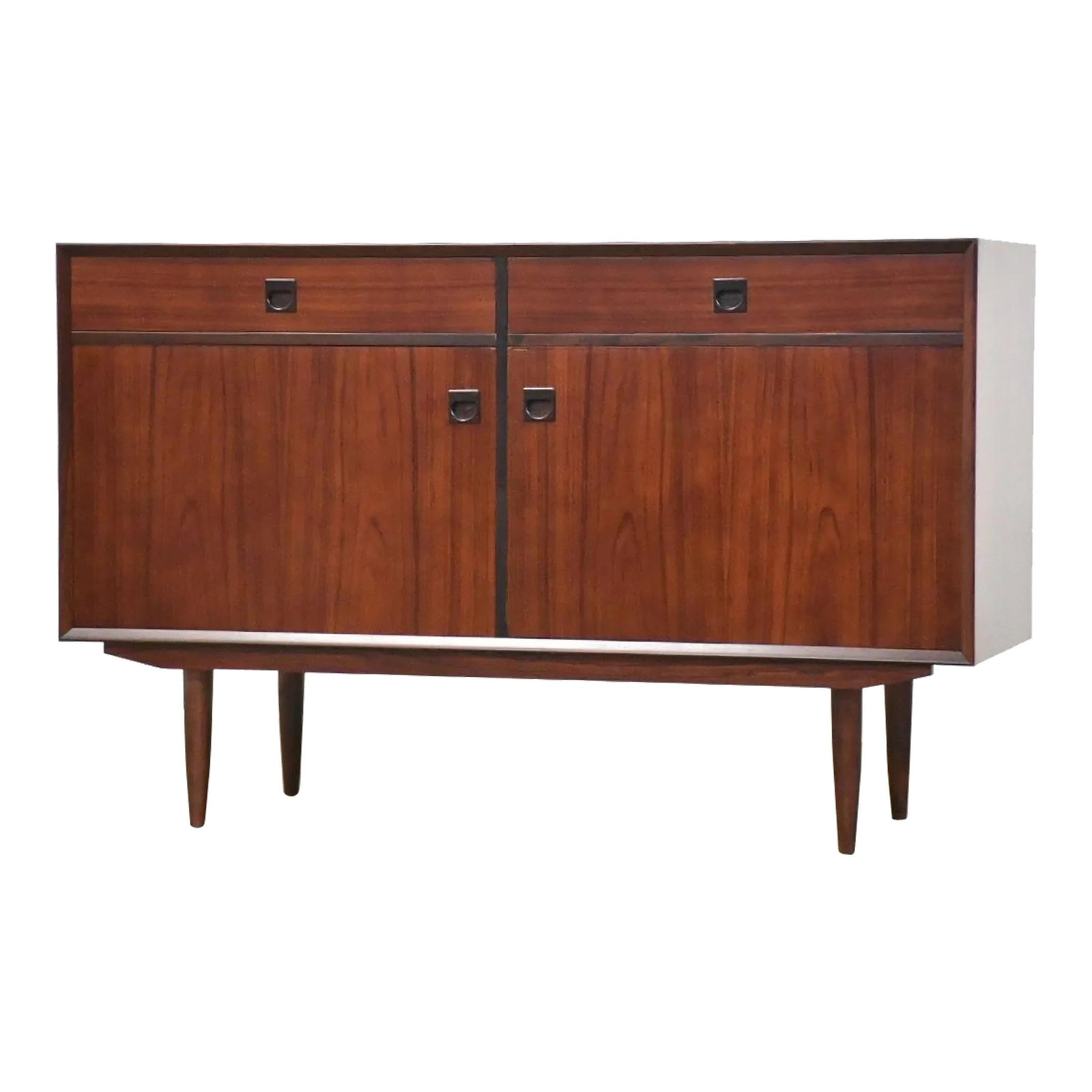 Mid-Century Modern Rosewood Credenza by Brouer Mobelfabrik: Mid-Century Modern Rosewood Credenza by Brouer Mobelfabrik This exquisite mid-century modern rosewood credenza features two drawers and two doors that conceal adjustable shelves, crafted by Brouer Mob