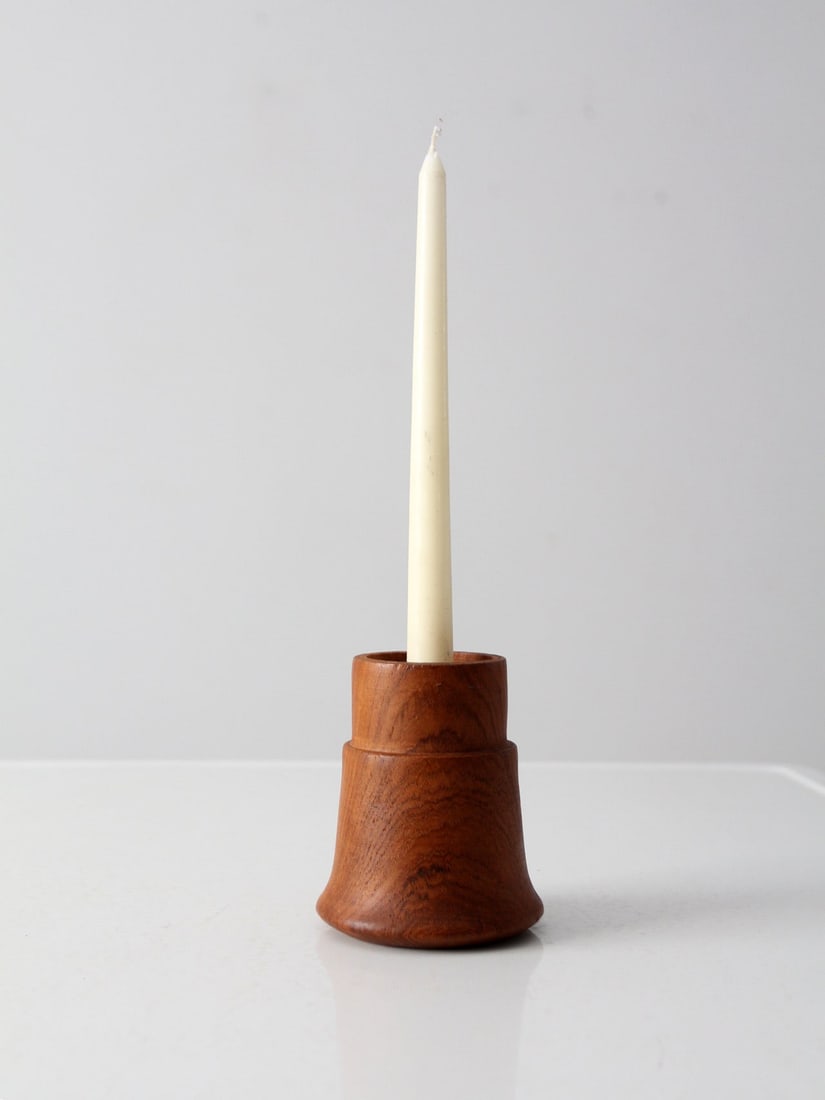 Mid-Century Wooden Candlestick Holder with Brass Sconce (1 of 7)