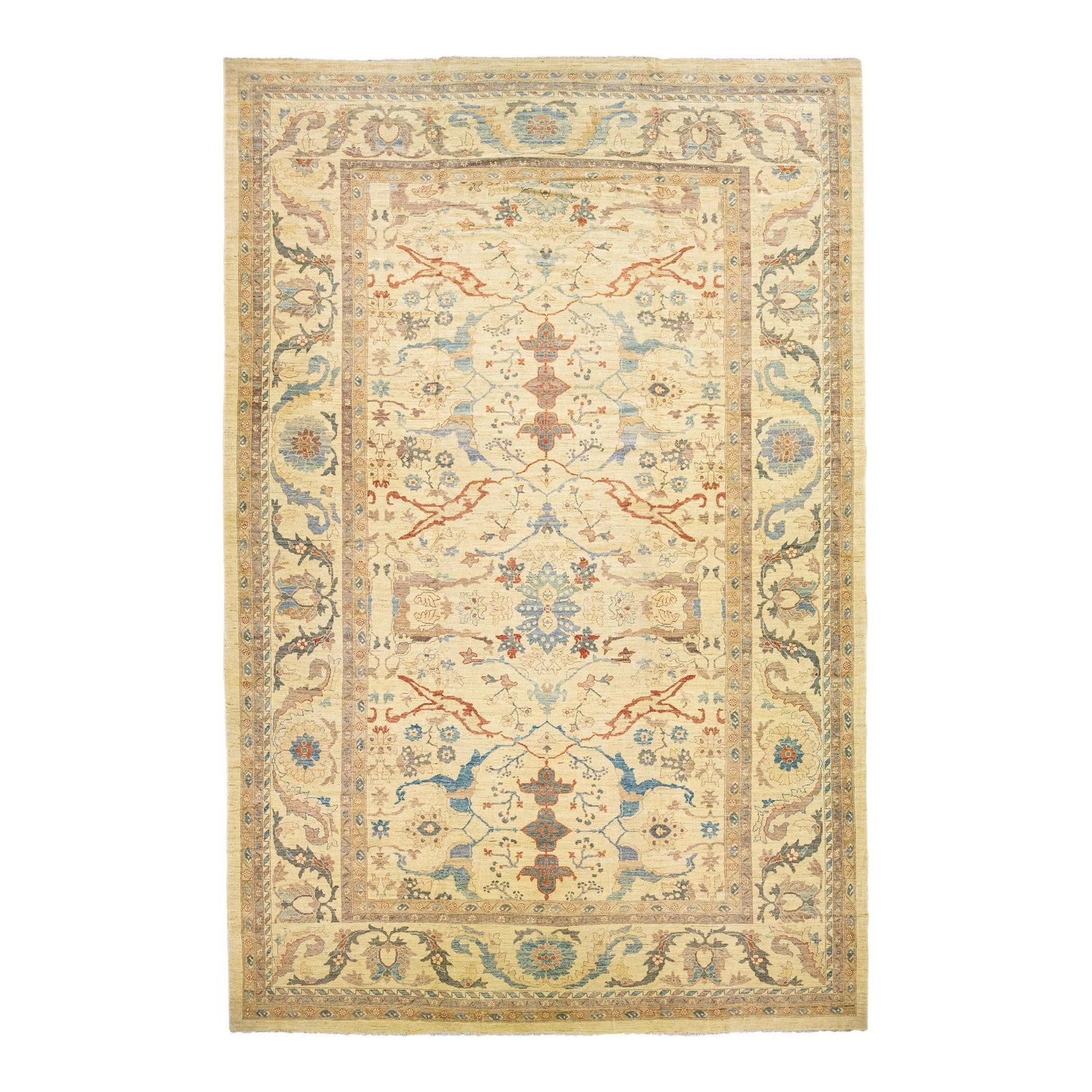 Tan Modern Sultanabad Handmade Floral Wool Rug 13'5" x 20'2": Tan Modern Sultanabad Handmade Floral Wool Rug 13'5" x 20'2" Enhance your living space with this stunning modern Sultanabad hand-knotted wool rug, featuring a captivating beige field. Adorned with ric