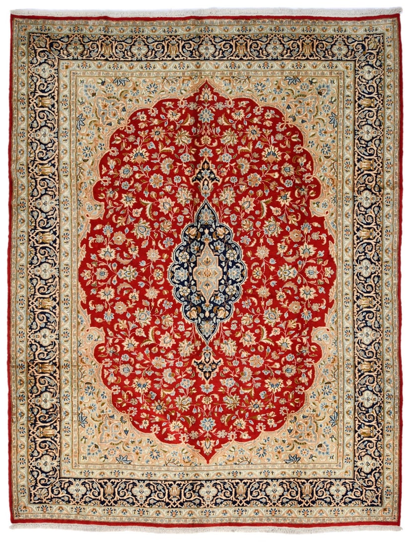 Hand-Knotted Vintage Wool Oriental Rug 9'1 x 12'2 Floral Pattern Bedroom Carpet: Hand-Knotted Vintage Wool Oriental Rug 9'1 x 12'2 Floral Pattern Bedroom Carpet This one-of-a-kind Oriental area rug features a classic floral pattern in shades of red, dark navy, cream, beige, peach,