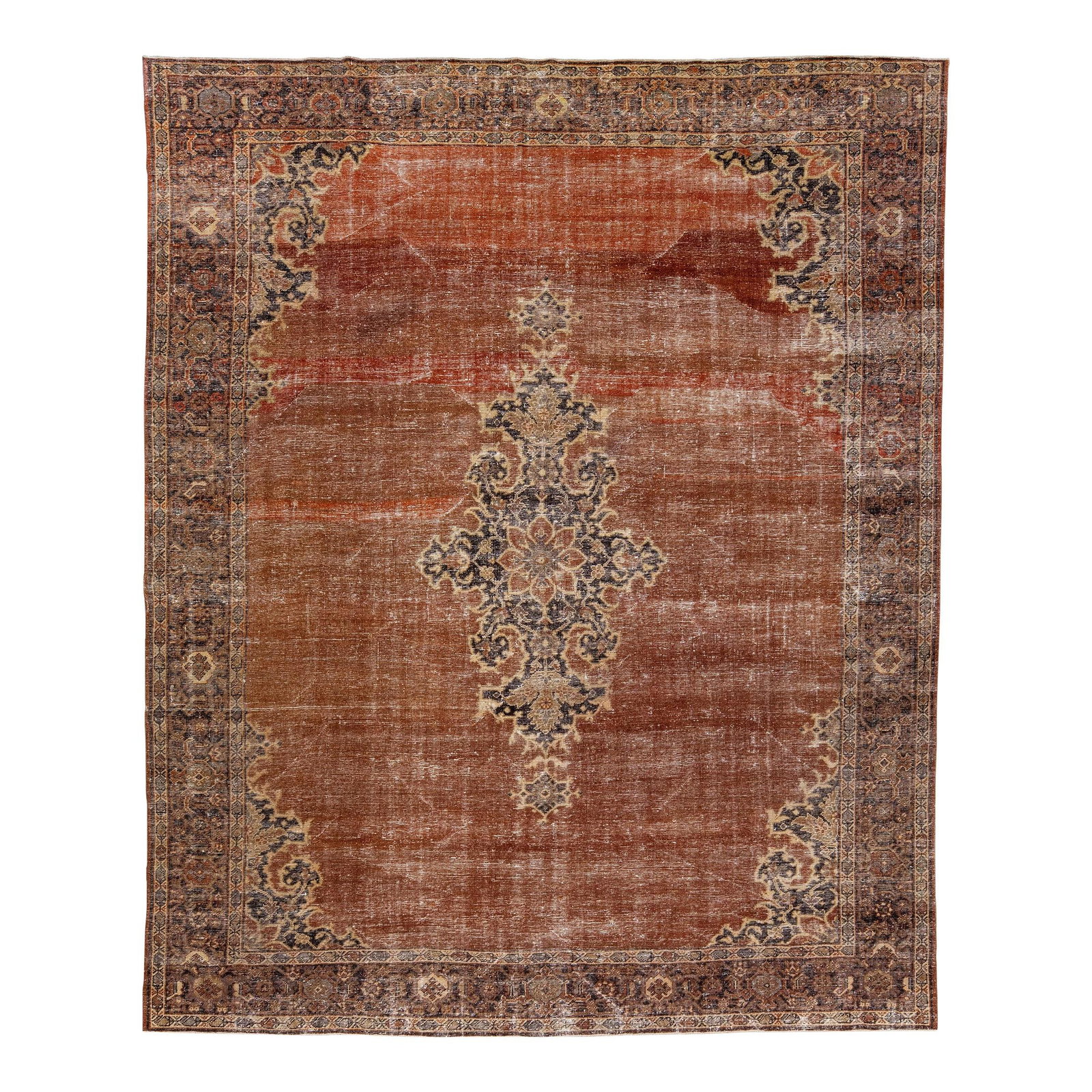 Antique Persian Tabriz Wool Rug Copper Color 9'8 x 11'6: Antique Persian Tabriz Wool Rug Copper Color 9'8 x 11'6 Discover the elegance of this antique Persian hand-knotted wool rug, featuring a striking copper color field. This exquisite piece showcases a b
