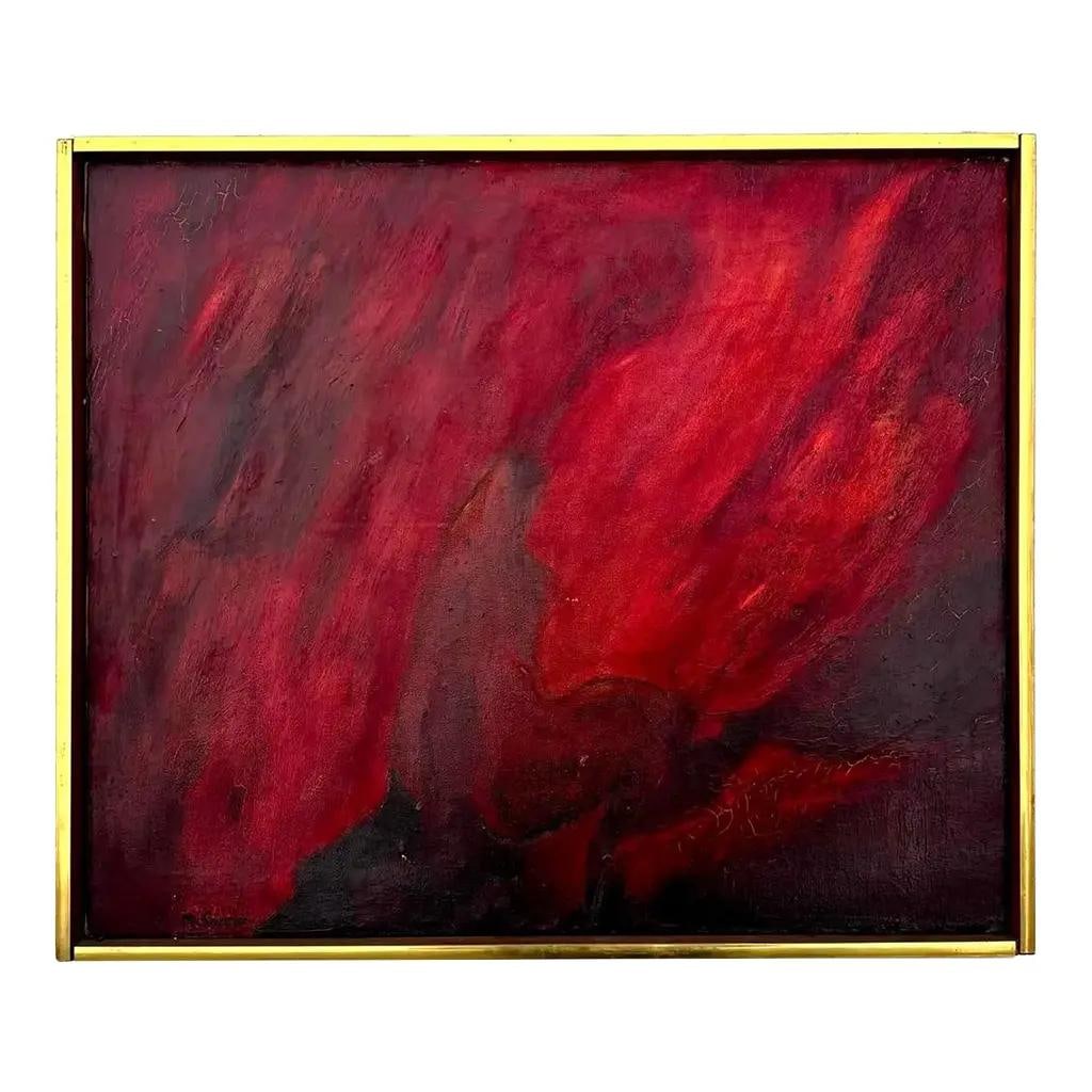 Vintage Boho Abstract Red Canvas Art with Gold Frame (1 of 8)