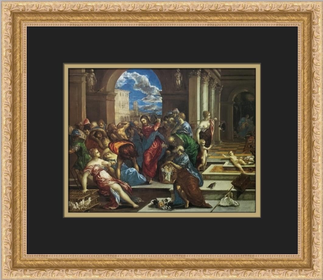 El Greco Christ Cleansing The Temple Custom Framed Print 13x15: El Greco Christ Cleansing The Temple Custom Framed Print 13x15 Presenting a custom framed print of El Greco's masterpiece, "Christ Cleansing The Temple." This stunning artwork features a landscape ori