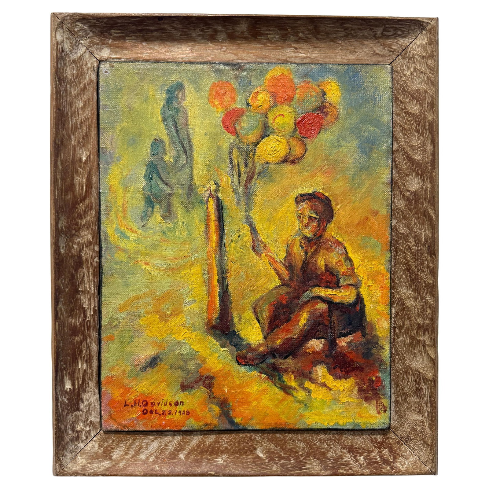 Buffoon Clown Painting by L. H. Davidson Mid-Century Modern Oil on Canvas 1948: Buffoon Clown Painting by L. H. Davidson Mid-Century Modern Oil on Canvas 1948 This oil on canvas painting titled "Buffoon" was created by L. H. Davidson in 1948. The work features a seated male figur