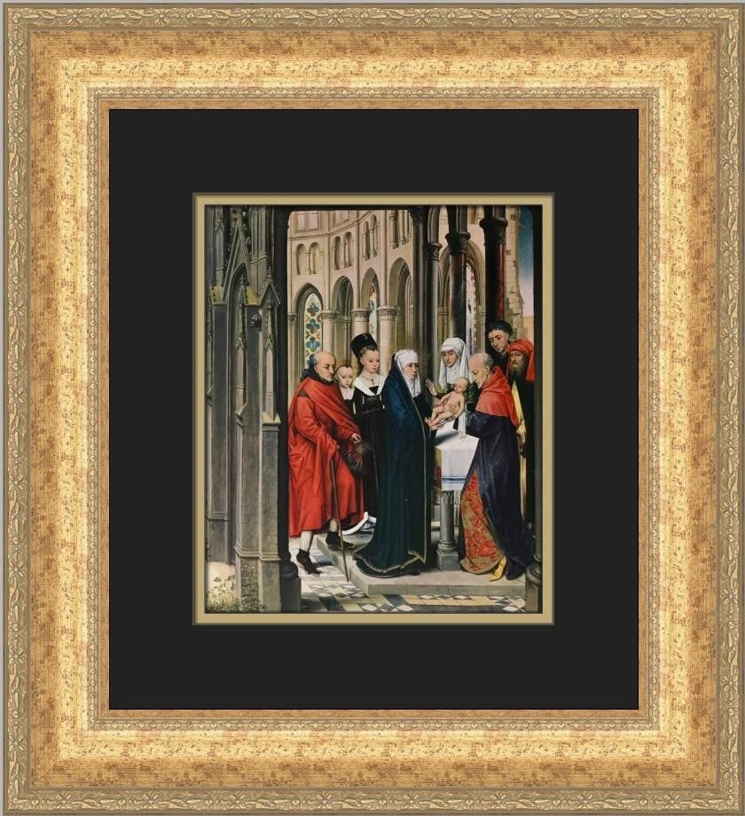 Hans Memling Presentation of Christ in the Temple Custom Framed Art Print: Hans Memling Presentation of Christ in the Temple Custom Framed Art Print This exquisite custom framed print by Hans Memling titled 'Presentation of Christ in the Temple' is a stunning addition to any