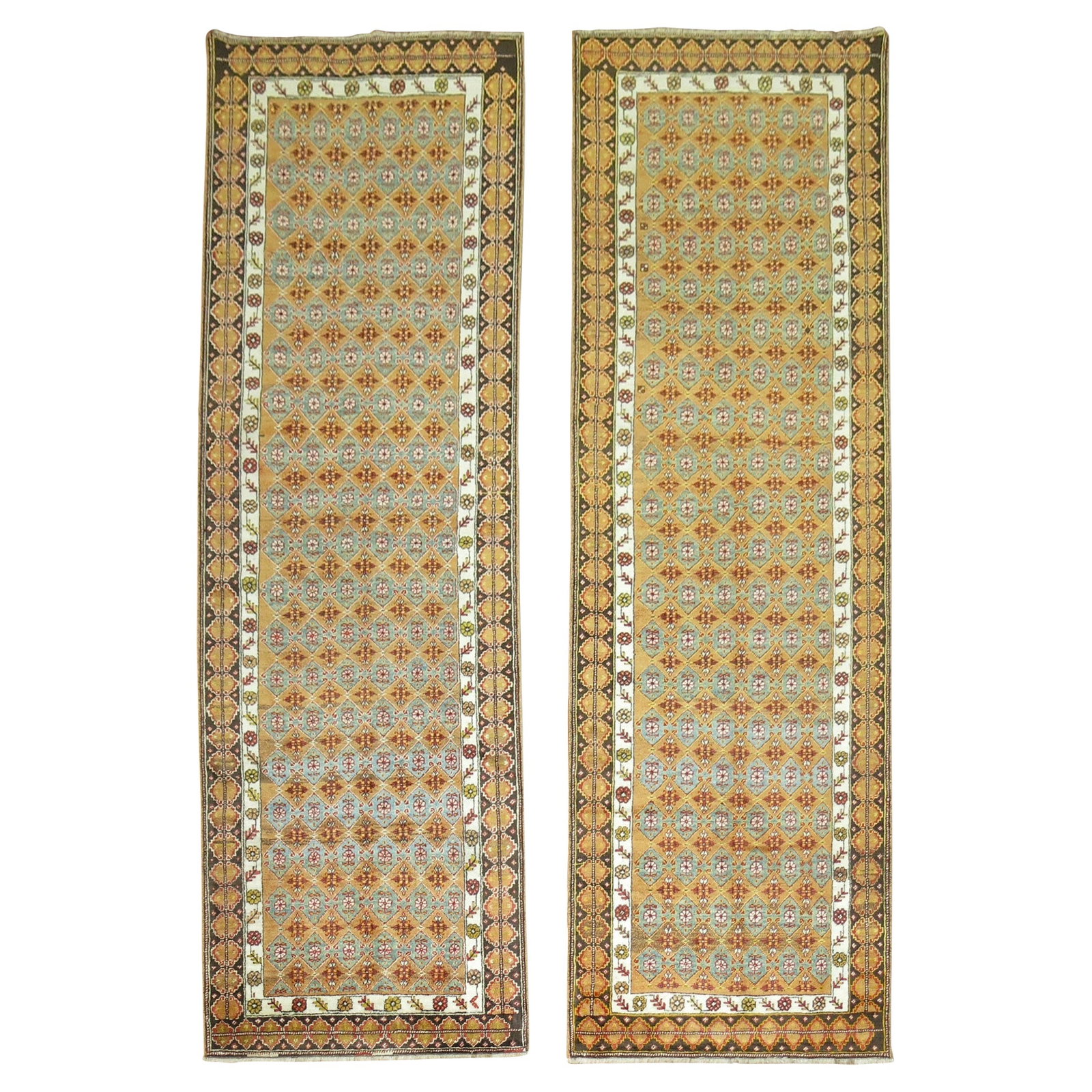 Tabriz Style Antique Turkish Runners Set of 2 Wool Hand-Woven Circa 1920: Tabriz Style Antique Turkish Runners Set of 2 Wool Hand-Woven Circa 1920 This exquisite pair of antique Turkish runners showcases the rich artistry of Tabriz style weaving. Crafted from high-quality w