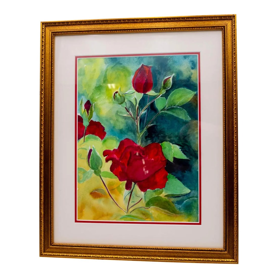 Bunny Griffith Framed Watercolor Art June Roses Gold Frame 14 x 17.5: Bunny Griffith Framed Watercolor Art June Roses Gold Frame 14 x 17.5 This exquisite framed watercolor art titled "June Roses" captures the essence of vibrant floral beauty. Created in 2013, it is attr