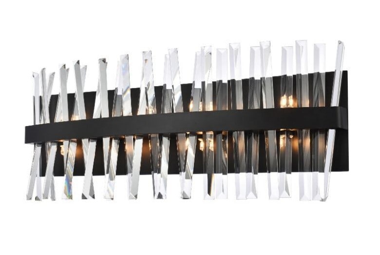Serephina 8 Light Black Crystal Wall Sconce 30 Inch Modern Vanity Fixture: Serephina 8 Light Black Crystal Wall Sconce 30 Inch Modern Vanity Fixture This modern wall sconce features a high-quality black finish and is designed with eight lights and clear crystal accents. Suit