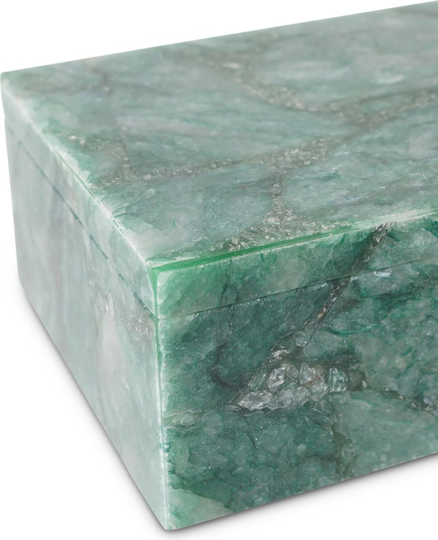 Currey Green Aventurine Decorative Box 2.5H 7W 4.5D: Currey Green Aventurine Decorative Box 2.5H 7W 4.5D Enhance your decor with this elegant Chic Green Aventurine Box. Crafted from natural aventurine, this striking box showcases a beautiful green finis