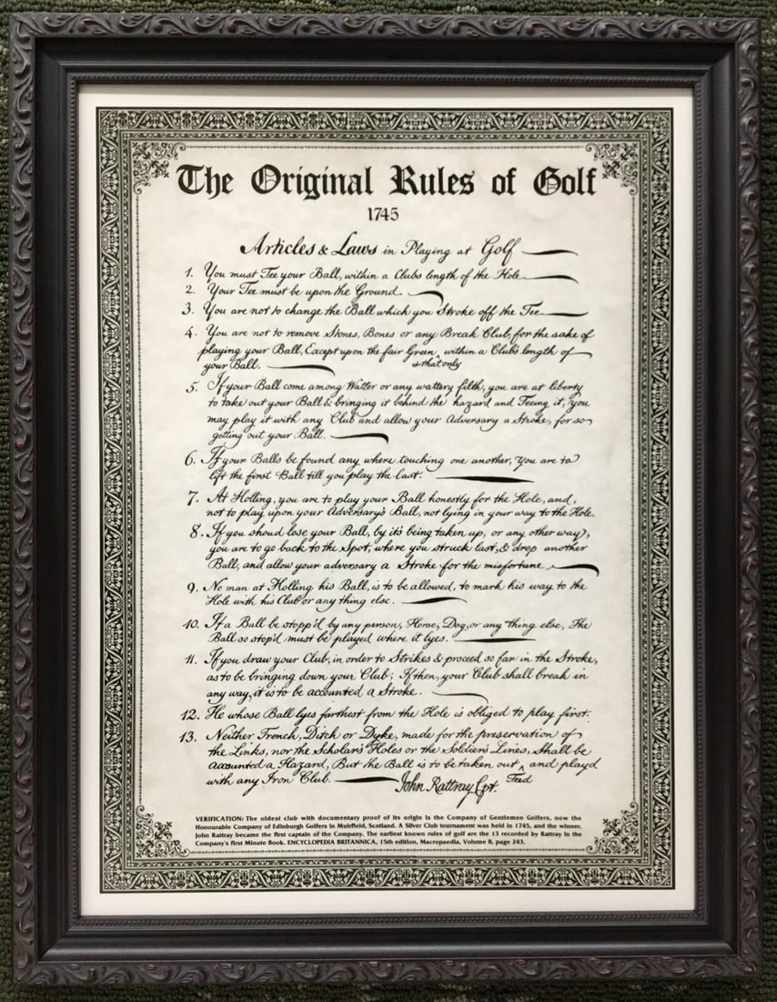 1745 Original Rules of Golf Reproduction Print Custom Framed 18 x 14: 1745 Original Rules of Golf Reproduction Print Custom Framed 18 x 14 This is a custom framed reproduction print of the Original Rules of Golf from 1745. The print showcases the historical golf regulat