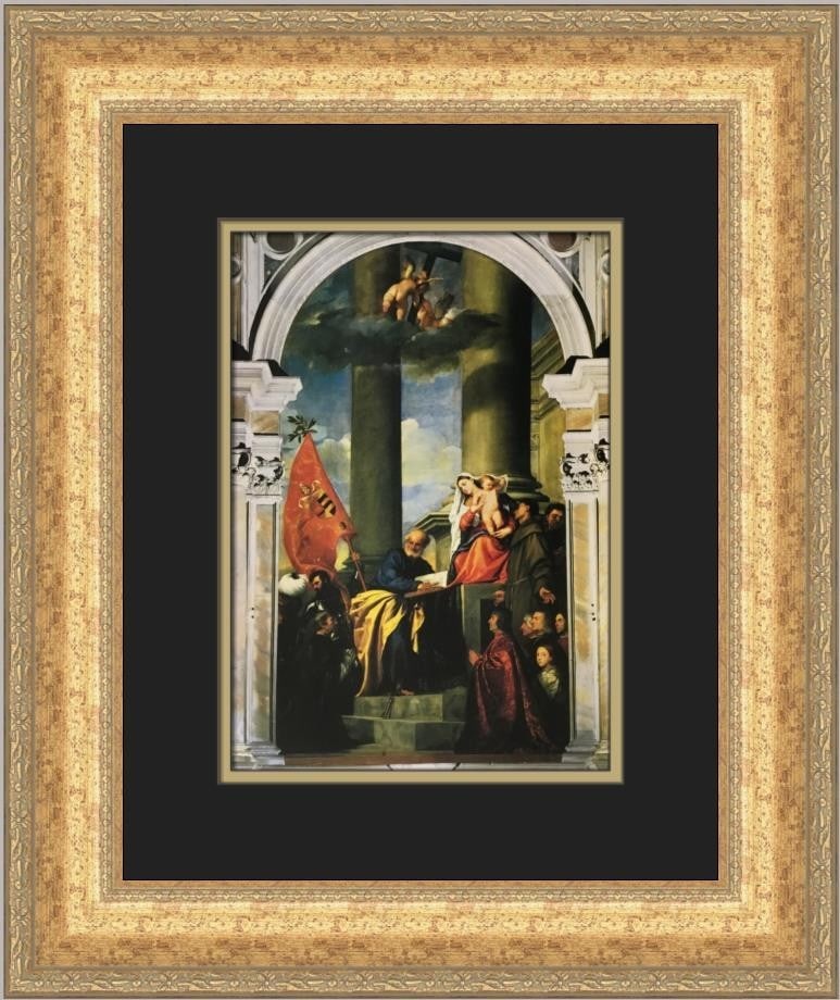 Framed Offset Lithograph Print Madonna of the Pesaro Family by Titian: Framed Offset Lithograph Print Madonna of the Pesaro Family by Titian This is a custom-framed, open edition offset lithograph print of "Madonna of the Pesaro Family" by Titian. Produced in 1987, the p
