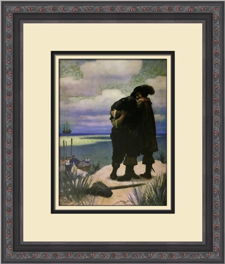 N.C. Wyeth Robinson Crusoe Rescued Custom Framed Print 14 x 12: N.C. Wyeth Robinson Crusoe Rescued Custom Framed Print 14 x 12 This stunning custom framed print features N.C. Wyeth's artwork titled 'Robinson Crusoe Rescued'. Measuring 14 inches in height and 12 in