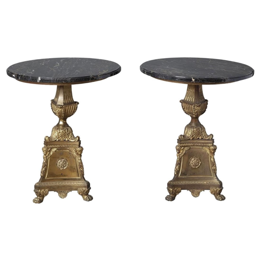 Set of 2 Empire Revival Gilt Bronze and Marble French Side Tables: Set of 2 Empire Revival Gilt Bronze and Marble French Side Tables This pair of late 19th-century French Empire style side tables features circular Portoro marble tops in charcoal with gold and light g