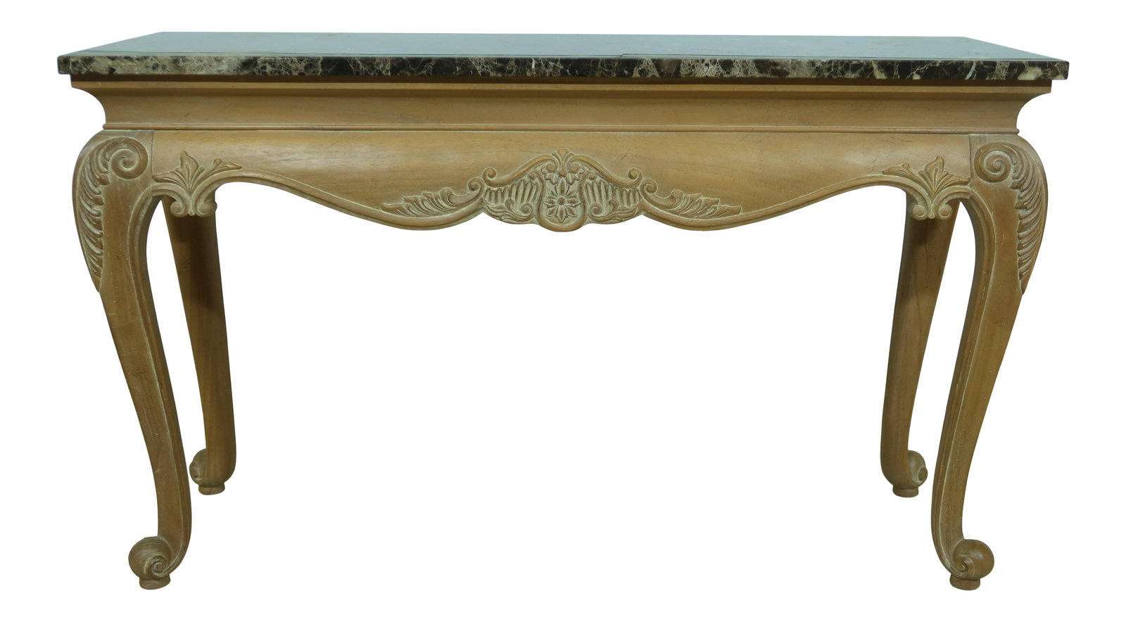 Hekman French Style Console Table with Marble Top 50.5in: Hekman French Style Console Table with Marble Top 50.5in Enhance your living space with this exquisite French style console sofa table featuring a stunning marble or granite top. Approximately 20 year