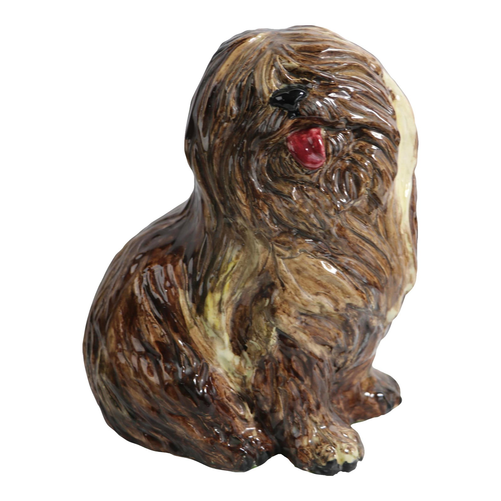 Charming Brown Majolica Ceramic Pekingese Dog Statue: Charming Brown Majolica Ceramic Pekingese Dog Statue This charming glazed ceramic statue showcases a delightful Pekingese dog figure, perfect for any dog lover's collection. Crafted with attention to