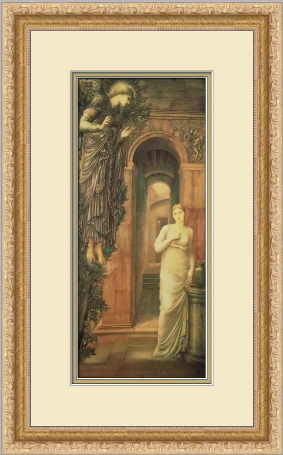 Edward Burne-Jones The Annunciation Custom Framed Art Print: Edward Burne-Jones The Annunciation Custom Framed Art Print This exquisite custom framed print features Edward Burne-Jones' renowned artwork, 'The Annunciation.' The print is an offset lithograph, bea