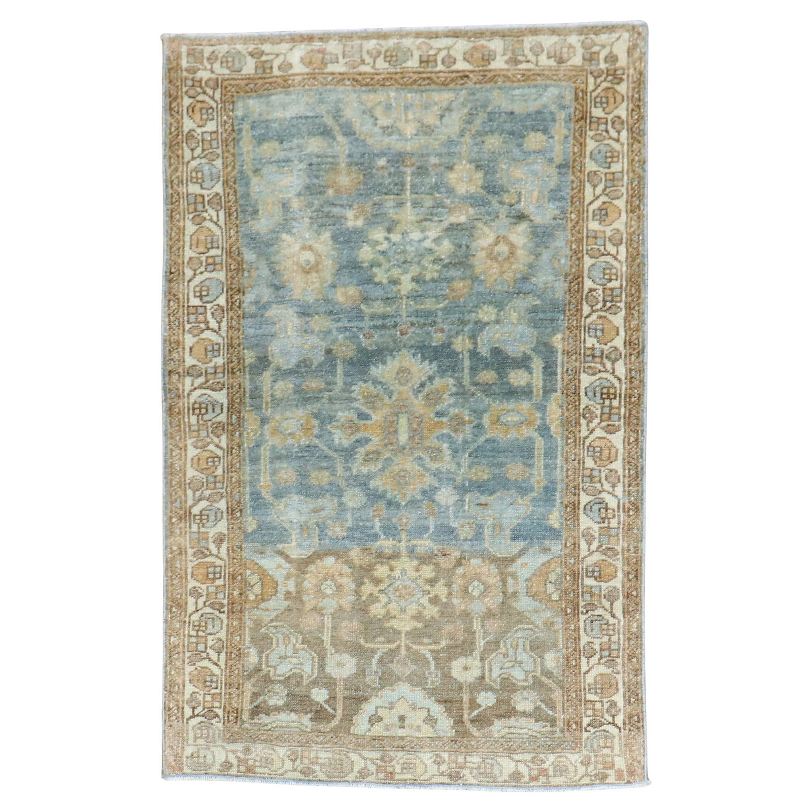 Early 20th Century Persian Malayer Wool Rug in Light Blue and Brown: Early 20th Century Persian Malayer Wool Rug in Light Blue and Brown This early 20th century Persian Malayer throw rug features a hand-knotted wool construction in a rustic style. The rug showcases sha