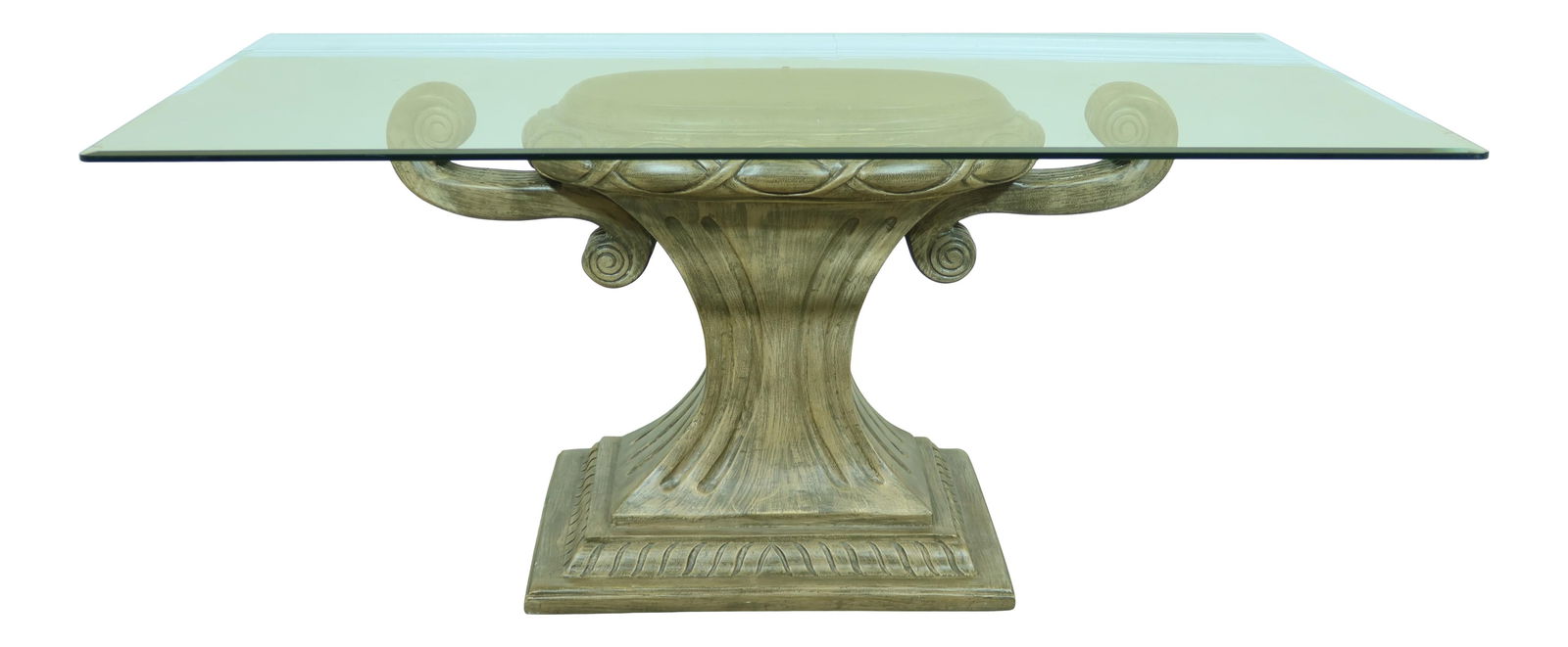 Modern Urn Base Beveled Glass Dining Table 42 x 72 White Painted: Modern Urn Base Beveled Glass Dining Table 42 x 72 White Painted This exquisite modern dining room table features a stunning beveled glass top supported by a uniquely designed painted base. Approximat