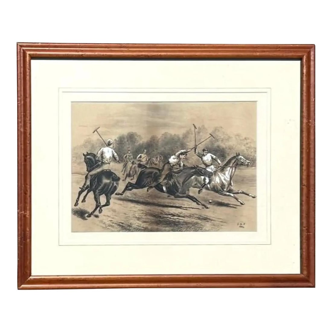 Framed Monochrome Polo Scene Vintage Boho Art on Paper: Framed Monochrome Polo Scene Vintage Boho Art on Paper This vintage equestrian drawing on paper showcases the elegance and excitement of a polo match, rendered in monochromatic tones for a timeless lo