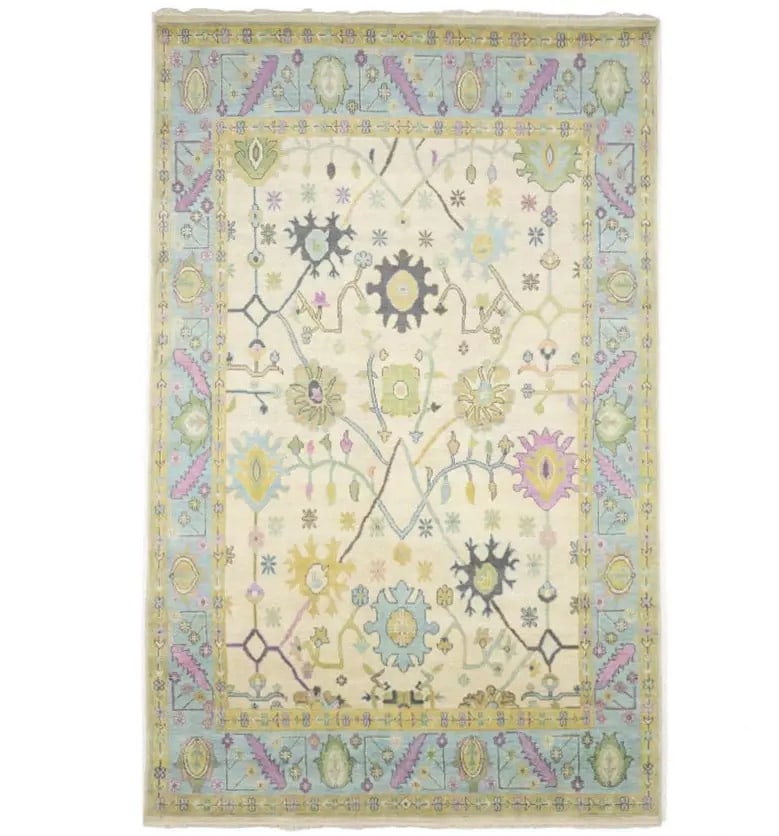 Hand-Knotted Oushak Oriental Rug 9 x 15 ft Floral Wool Carpet: Hand-Knotted Oushak Oriental Rug 9 x 15 ft Floral Wool Carpet This exquisite hand-knotted Oushak Oriental rug features a stunning floral pattern in muted colors, including cream, light blue, light gre