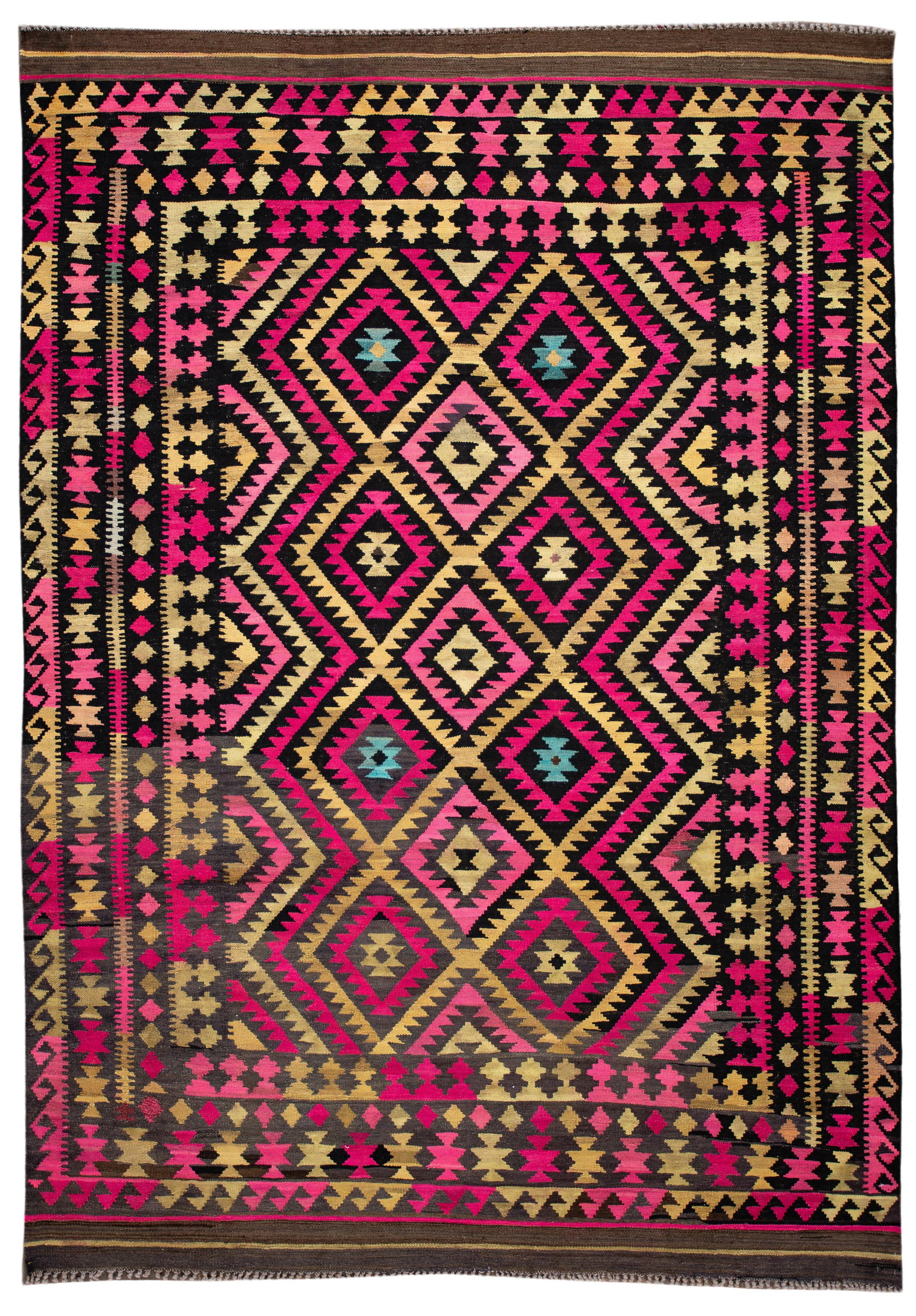 Contemporary 21st Century Hand-Woven Kilim Rug 7'1" x 10'1" Pink Wool: Contemporary 21st Century Hand-Woven Kilim Rug 7'1" x 10'1" Pink Wool Enhance your living space with this stunning hand-woven contemporary Kilim rug. Featuring a vibrant allover geometric design, this