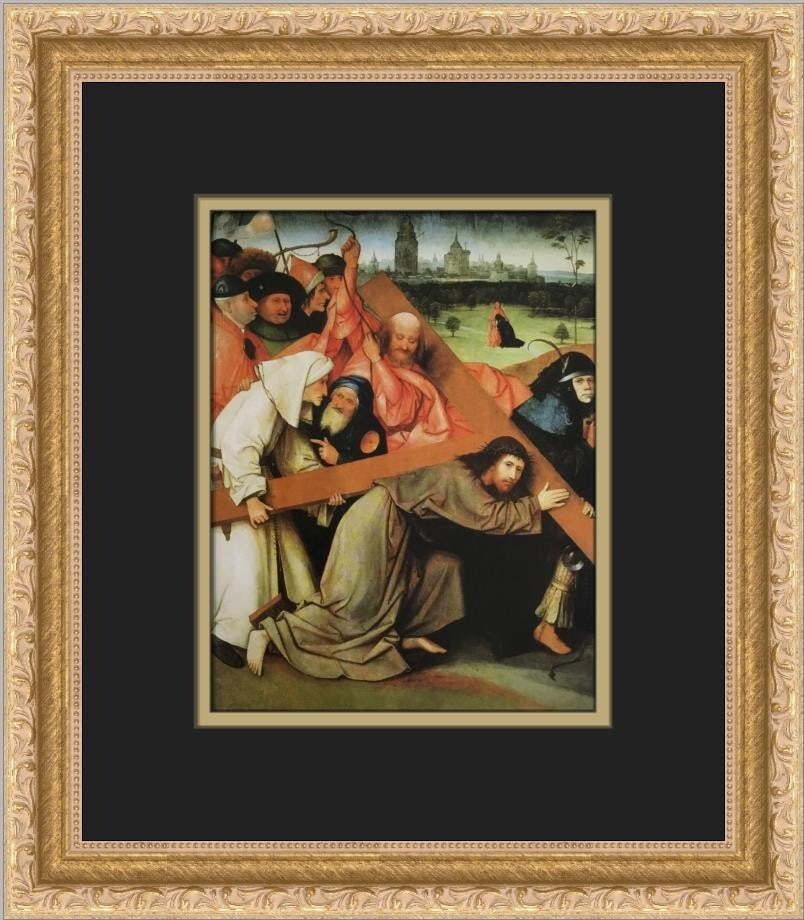 Hieronymus Bosch Christ Carrying the Cross Framed Print Surrealism: Hieronymus Bosch Christ Carrying the Cross Framed Print Surrealism This beautiful custom framed print features Hieronymus Bosch's renowned artwork, "Christ Carrying the Cross." The print is a medium-s