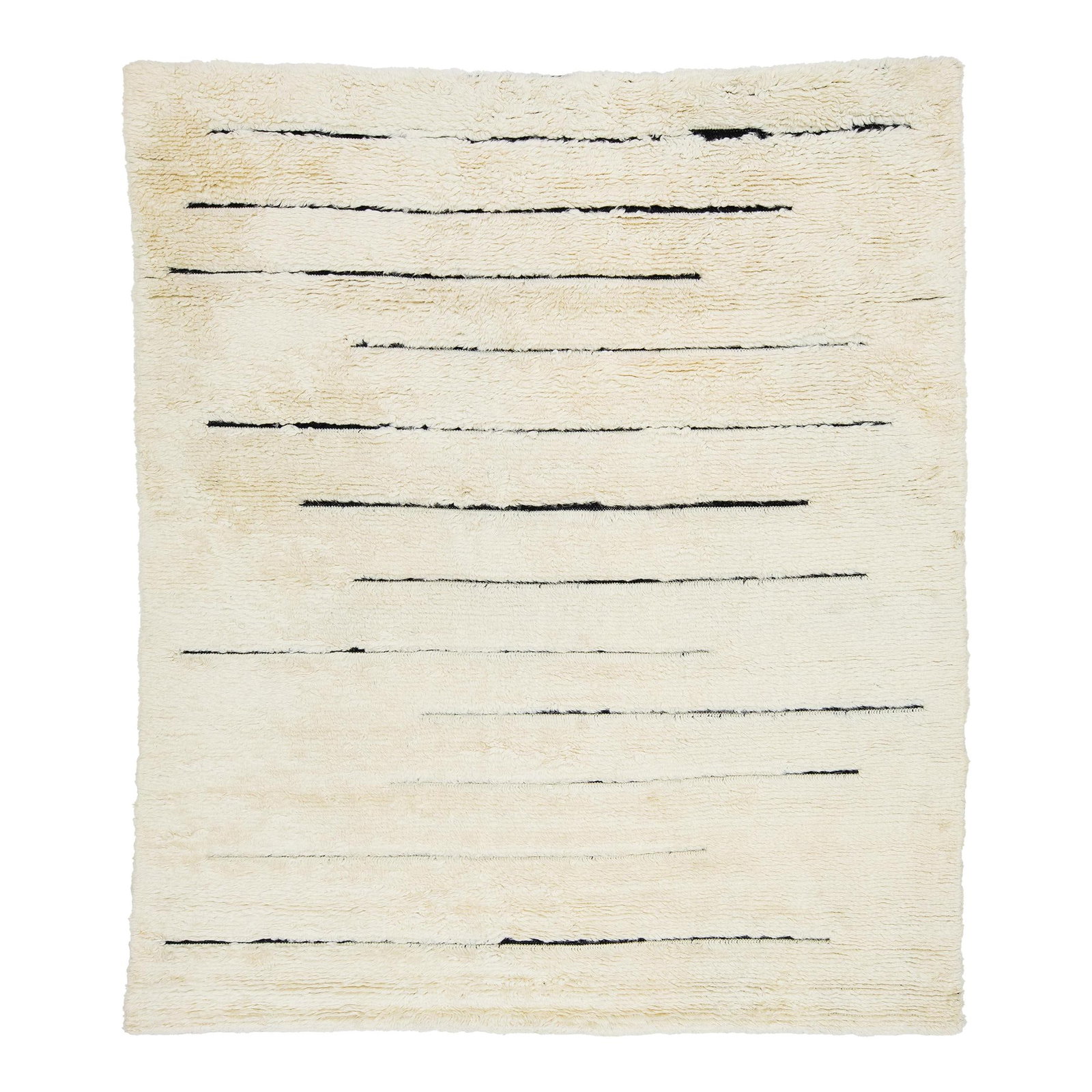 Elegant Ivory Moroccan Wool Rug with Black Stripes 8'4 x 9'9: Elegant Ivory Moroccan Wool Rug with Black Stripes 8'4 x 9'9 Enhance your living space with this exquisite Modern Moroccan Style Wool Rug. Hand-knotted for a plush feel, it features an elegant ivory b