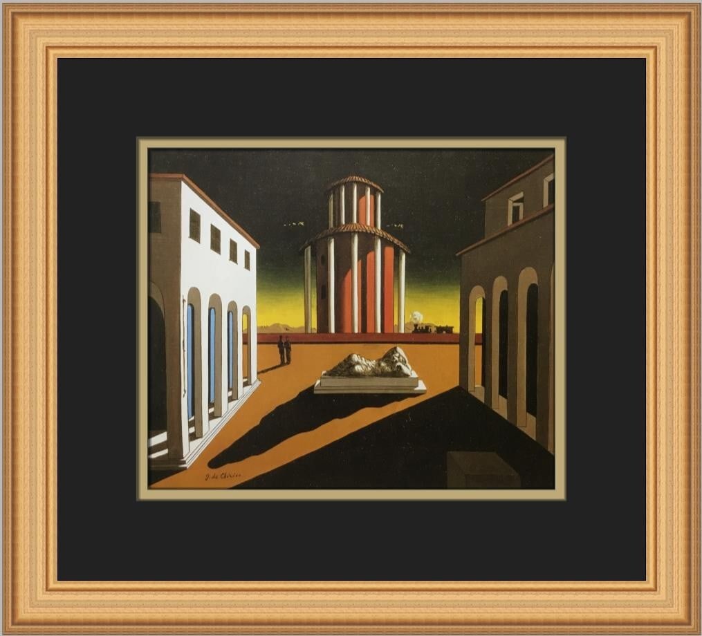 Giorgio De Chirico Piazza D'Italia Custom Framed Art Print 1992: Giorgio De Chirico Piazza D'Italia Custom Framed Art Print 1992 Experience the captivating beauty of Giorgio De Chirico's "Piazza D'Italia" in this custom framed print. Measuring 14" x 15" overall wit