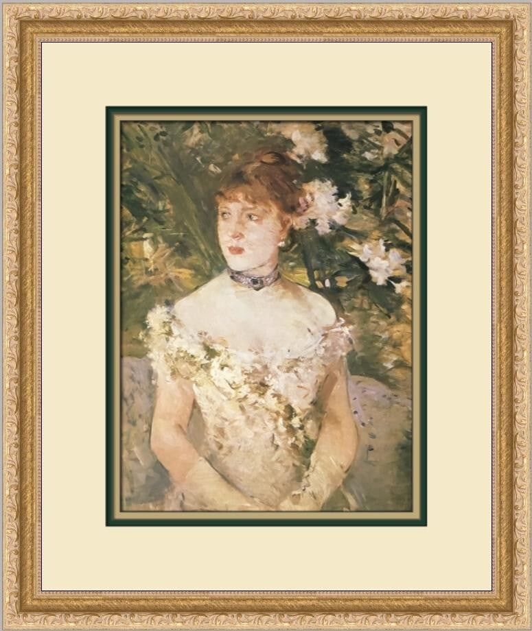 Berthe Morisot Young Woman in a Ball Gown Custom Framed Lithograph: Berthe Morisot Young Woman in a Ball Gown Custom Framed Lithograph This exquisite print by Berthe Morisot, titled 'Young Woman in a Ball Gown', showcases the elegance of Impressionism. The artwork is