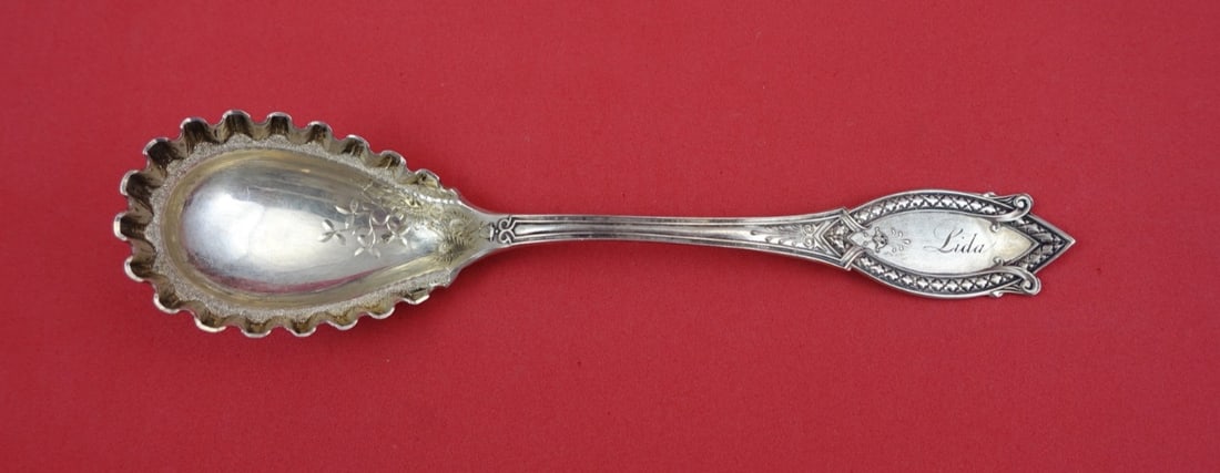 Sterling Silver Preserve Spoon Diamond Pattern by John Polhamus Shiebler 6 7/8 Inch: Sterling Silver Preserve Spoon Diamond Pattern by John Polhamus Shiebler 6 7/8 Inch This is a sterling silver preserve spoon in the Diamond pattern by John Polhamus and Shiebler, dating from 1850-1899