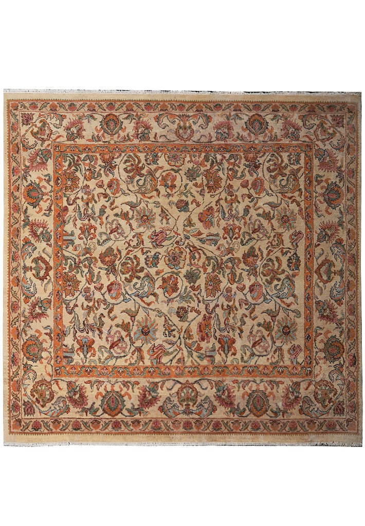Handmade Jaipur Wool Rug Tabriz Pattern 86 x 95 Inch Square Ivory Coral: Handmade Jaipur Wool Rug Tabriz Pattern 86 x 95 Inch Square Ivory Coral Free continental US Shipping This handmade square Jaipur area rug is crafted from natural wool and features a hand-knotted weave
