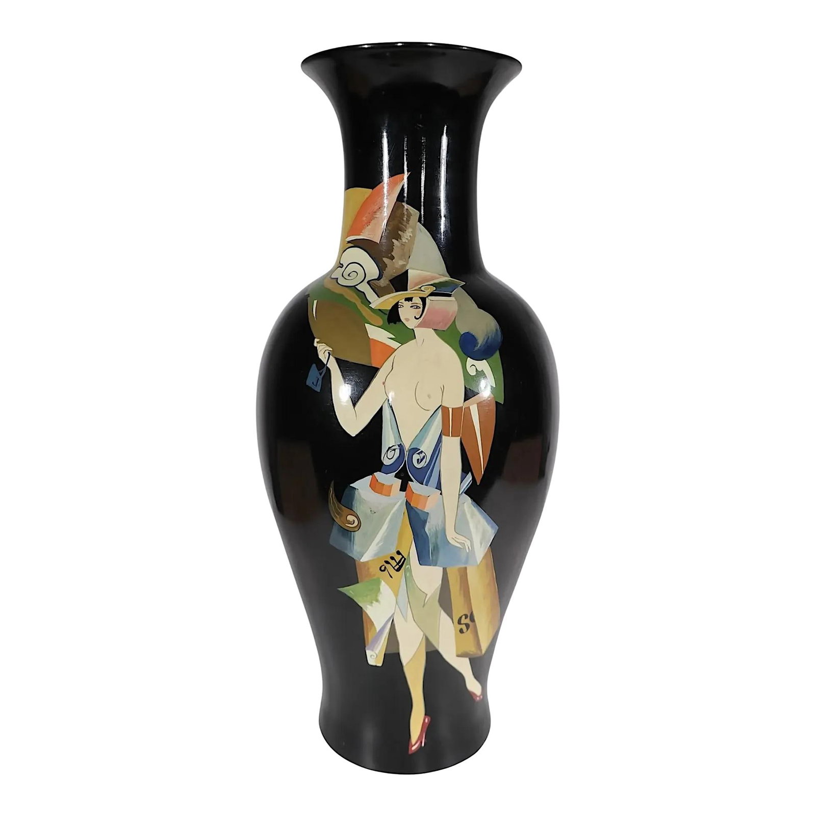 Oversized 1980s Hollywood Regency Art Deco Vase Flapper Girl Design: Oversized 1980s Hollywood Regency Art Deco Vase Flapper Girl Design This striking 1980's Hollywood Regency Art Deco Revival vase is a standout piece featuring a hand-painted stylized Flapper Girl on a
