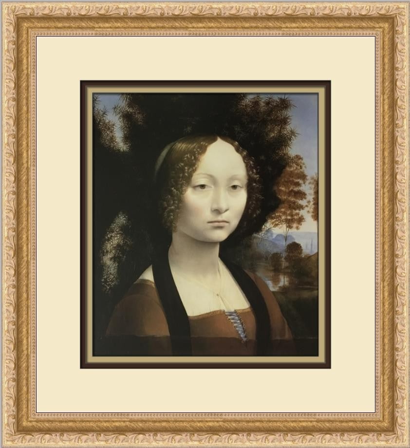 Leonardo Da Vinci Ginevra de' Benci Framed Print 14x15 Art: Leonardo Da Vinci Ginevra de' Benci Framed Print 14x15 Art This custom framed print features Leonardo Da Vinci's masterpiece, Ginevra de' Benci. Created in 1991, this medium-sized piece measures 15 in