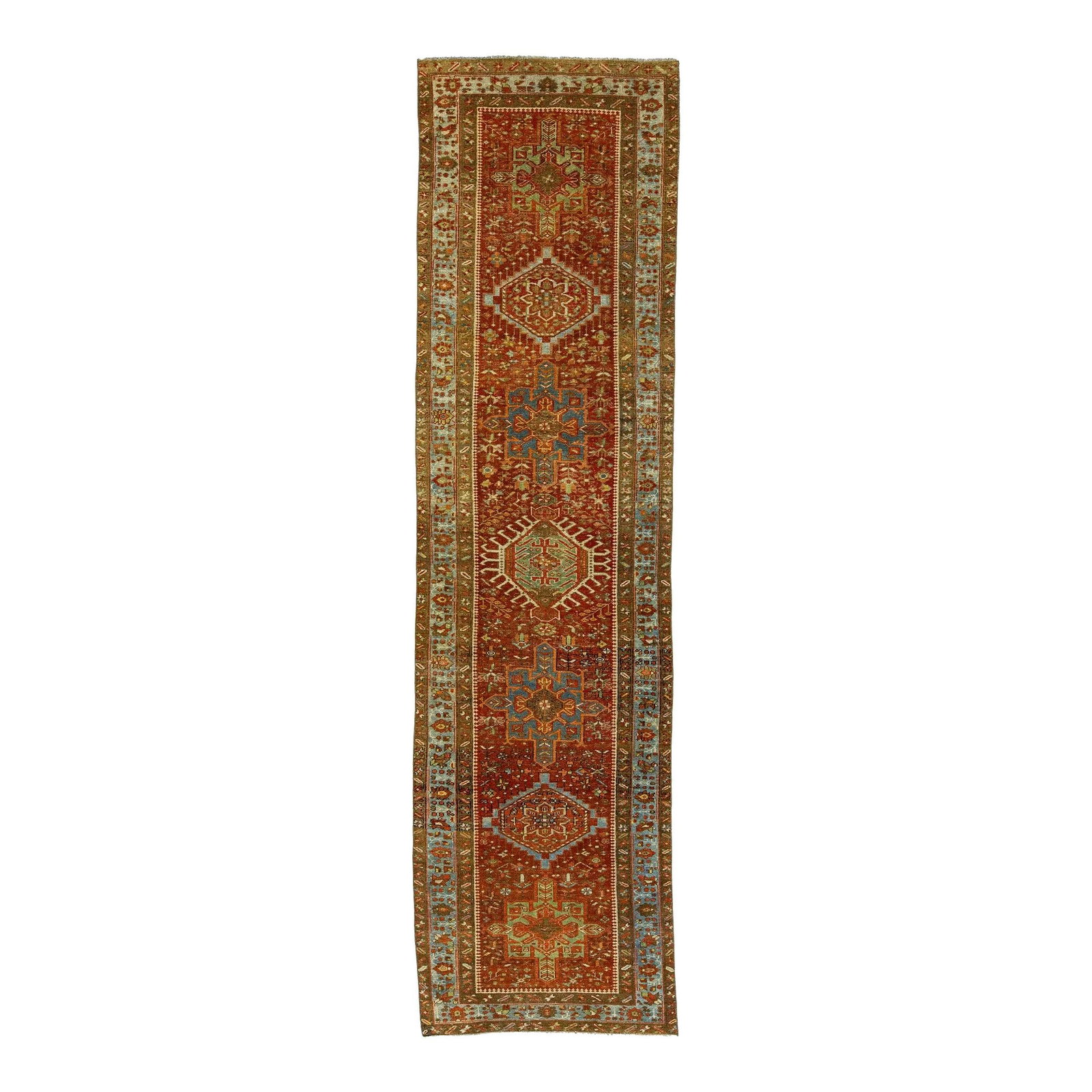 Handmade Antique Red Heriz Wool Runner 3' x 11'3' Geometric Design: Handmade Antique Red Heriz Wool Runner 3' x 11'3' Geometric Design This stunning 20th-century antique Heriz wool runner features a rich red-rust color field adorned with multicolor accents in an intri