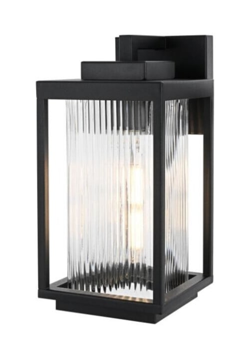 Ludlow Outdoor Wall Light Black Iron With Reeded Glass Waterproof Fixture: Ludlow Outdoor Wall Light Black Iron With Reeded Glass Waterproof Fixture This outdoor wall sconce light fixture features a medium-sized, black-finished iron frame with reeded glass for a classic, tra