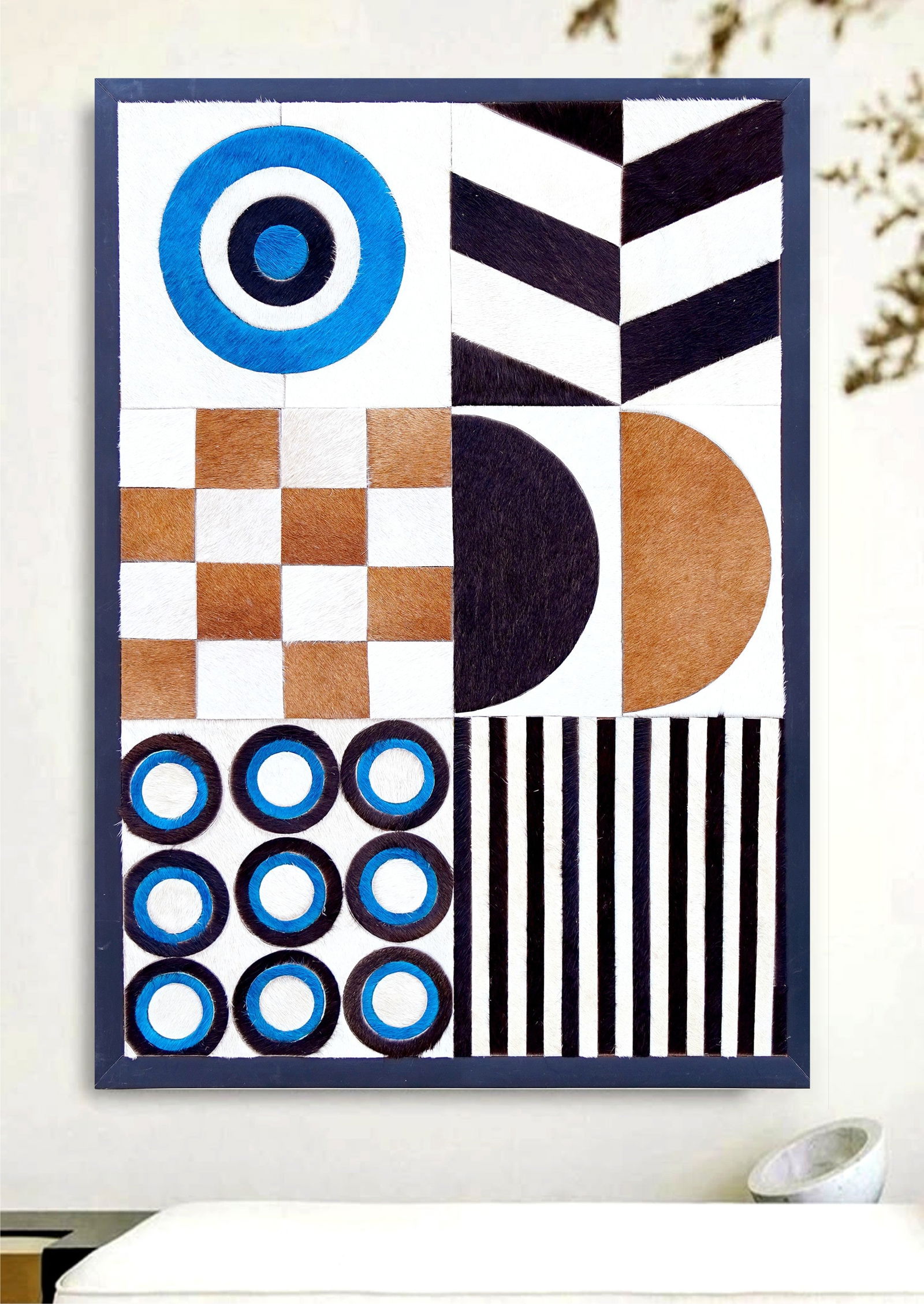 Handcrafted Geometric Abstract Cowhide Mosaic Wall Art Modern Multi Color 12x12: Handcrafted Geometric Abstract Cowhide Mosaic Wall Art Modern Multi Color 12x12 Free continental US Shipping This handcrafted wall art features a mosaic design made from 100% genuine cowhide leather,