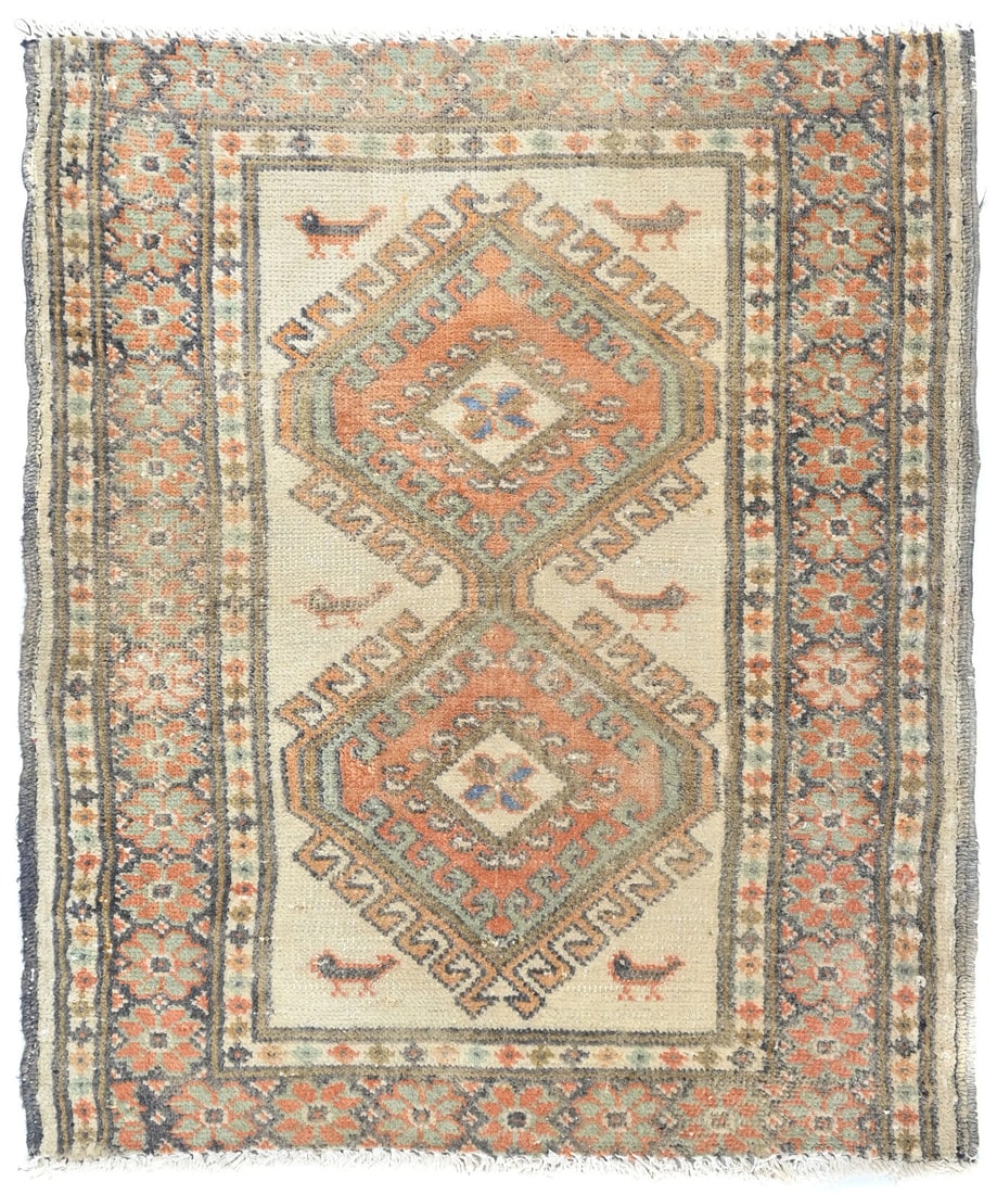 Vintage Semi-Antique Hand-Knotted Floral Rug 2'1 x 2'3 ft Cream: Vintage Semi-Antique Hand-Knotted Floral Rug 2'1 x 2'3 ft Cream Enhance your space with this exquisite Square Semi-Antique Oriental Rug, featuring a muted floral design in cream, orange, brown, and gr