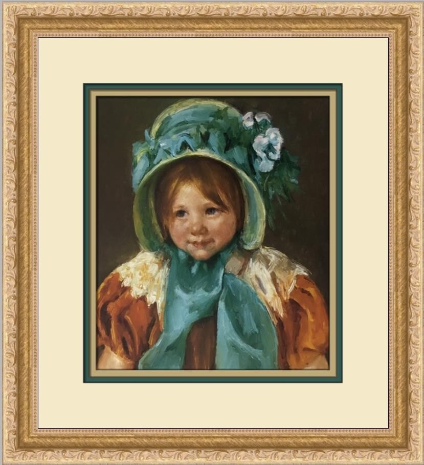 Mary Cassatt Sarah in Green Bonnet Custom Framed Art Print: Mary Cassatt Sarah in Green Bonnet Custom Framed Art Print This captivating custom framed print features Mary Cassatt's renowned work, "Sarah in Green Bonnet." Measuring 15" x 14" overall, this medium