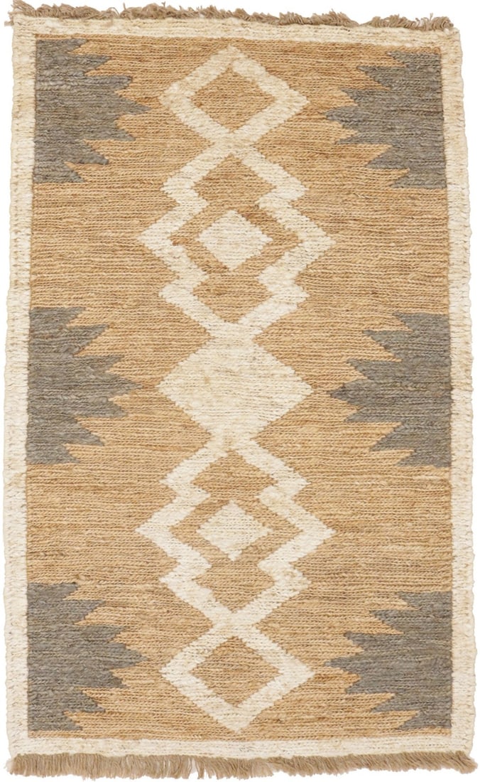 Hand-Woven Modern Jute Area Rug 3'1 x 5'0 Geometric Pattern: Hand-Woven Modern Jute Area Rug 3'1 x 5'0 Geometric Pattern This small area rug features a hand-woven, geometric pattern crafted from natural jute in cream, beige, and brown tones. Its modern farmhous