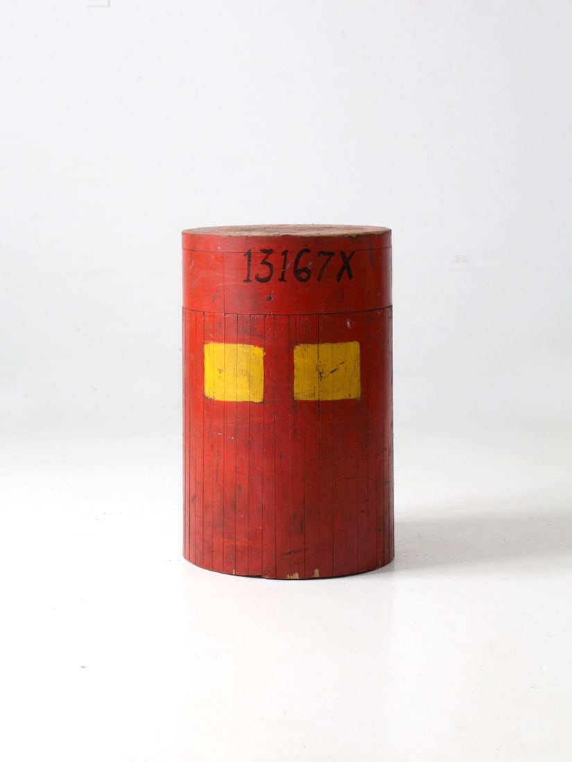 Antique Foundry Wooden Pedestal Block Stand Red Yellow 13167X: Antique Foundry Wooden Pedestal Block Stand Red Yellow 13167X This antique foundry wooden pedestal block stand features a striking red and yellow planked wood design, with the number 13167X painted on