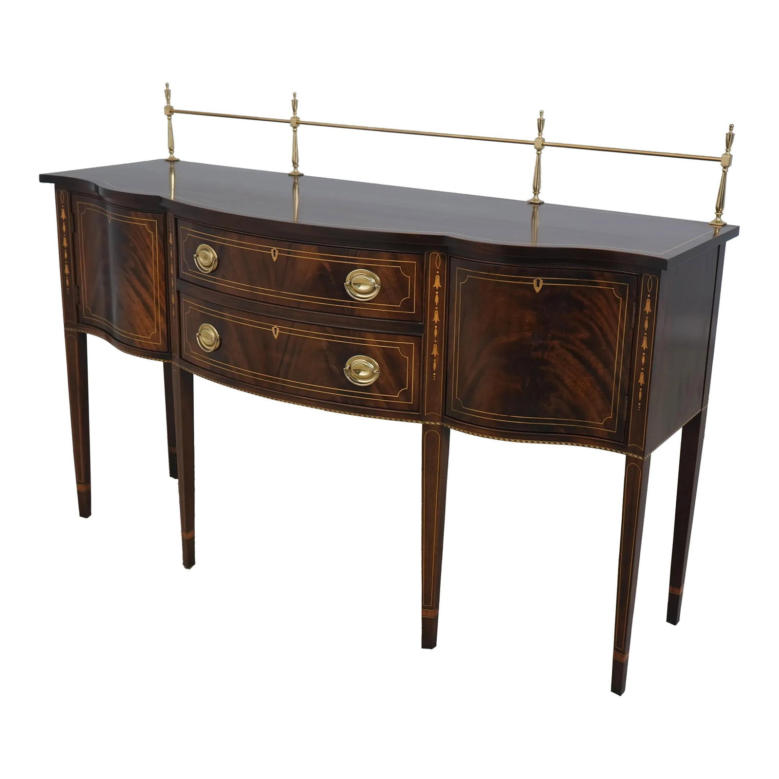 Stickley Mahogany Brass Gallery Sideboard with Inlay C.2001: Stickley Mahogany Brass Gallery Sideboard with Inlay C.2001 This Stickley inlaid mahogany sideboard combines traditional Federal style with high-quality craftsmanship. Featuring dovetailed drawer cons