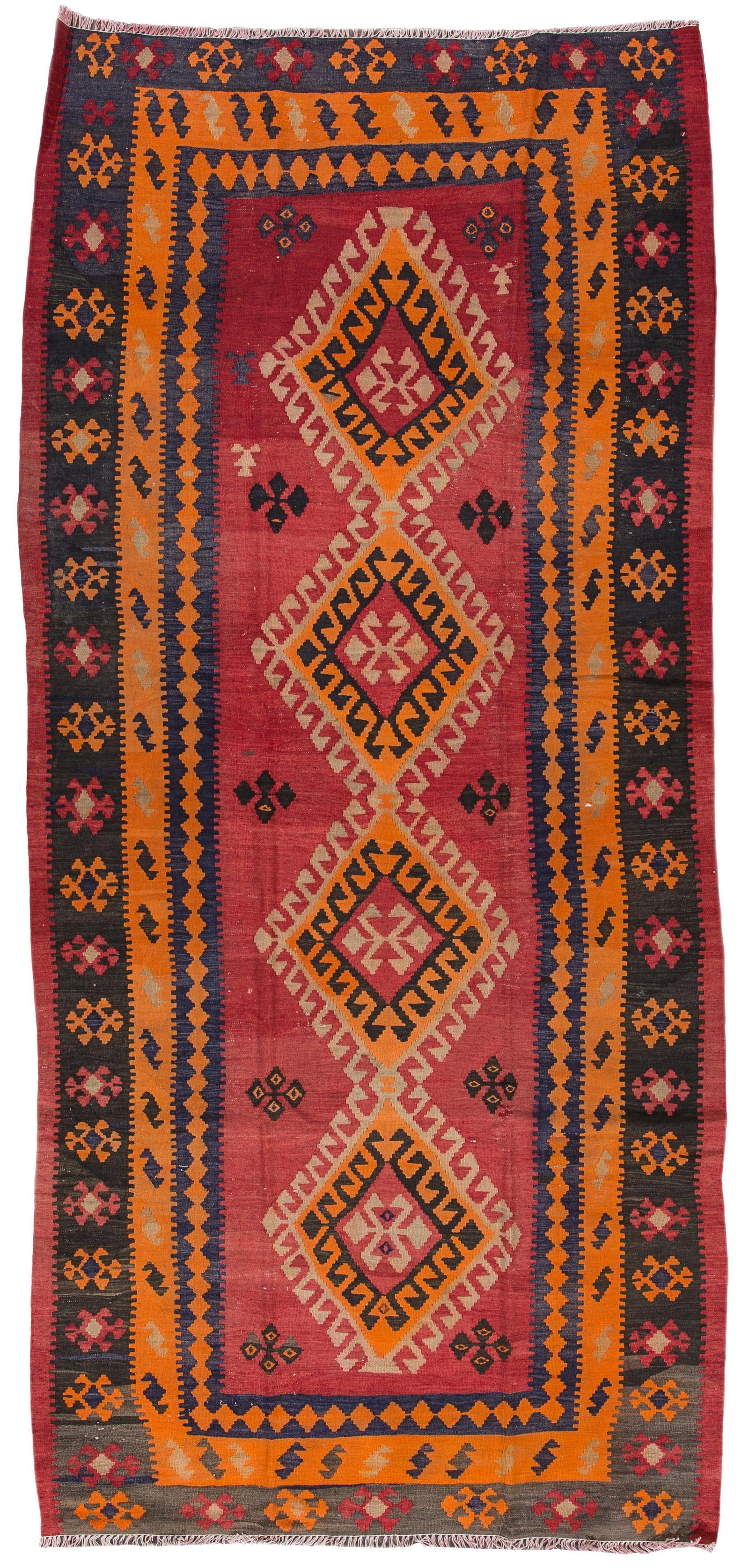 Vintage Persian Kilim Rug Hand-Woven Geometric Design 5'0 X 11'0 Wool Red: Vintage Persian Kilim Rug Hand-Woven Geometric Design 5'0 X 11'0 Wool Red This stunning mid-20th century vintage Persian Kilim features a captivating geometric design, hand-woven with intricate detail