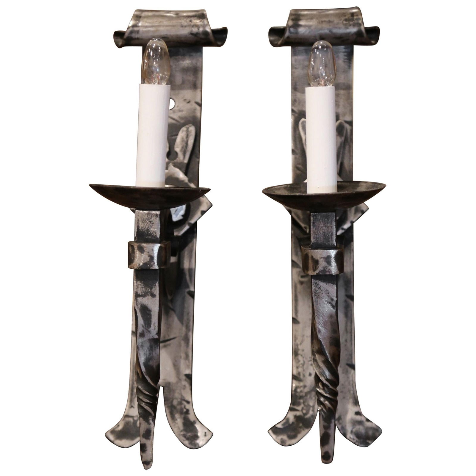 Gothic Pair of Early 20th Century Forged Iron Wall Sconces Set of 2: Gothic Pair of Early 20th Century Forged Iron Wall Sconces Set of 2 Illuminate your space with this exquisite pair of early 20th century forged polished iron wall torchere sconces. Crafted in France c