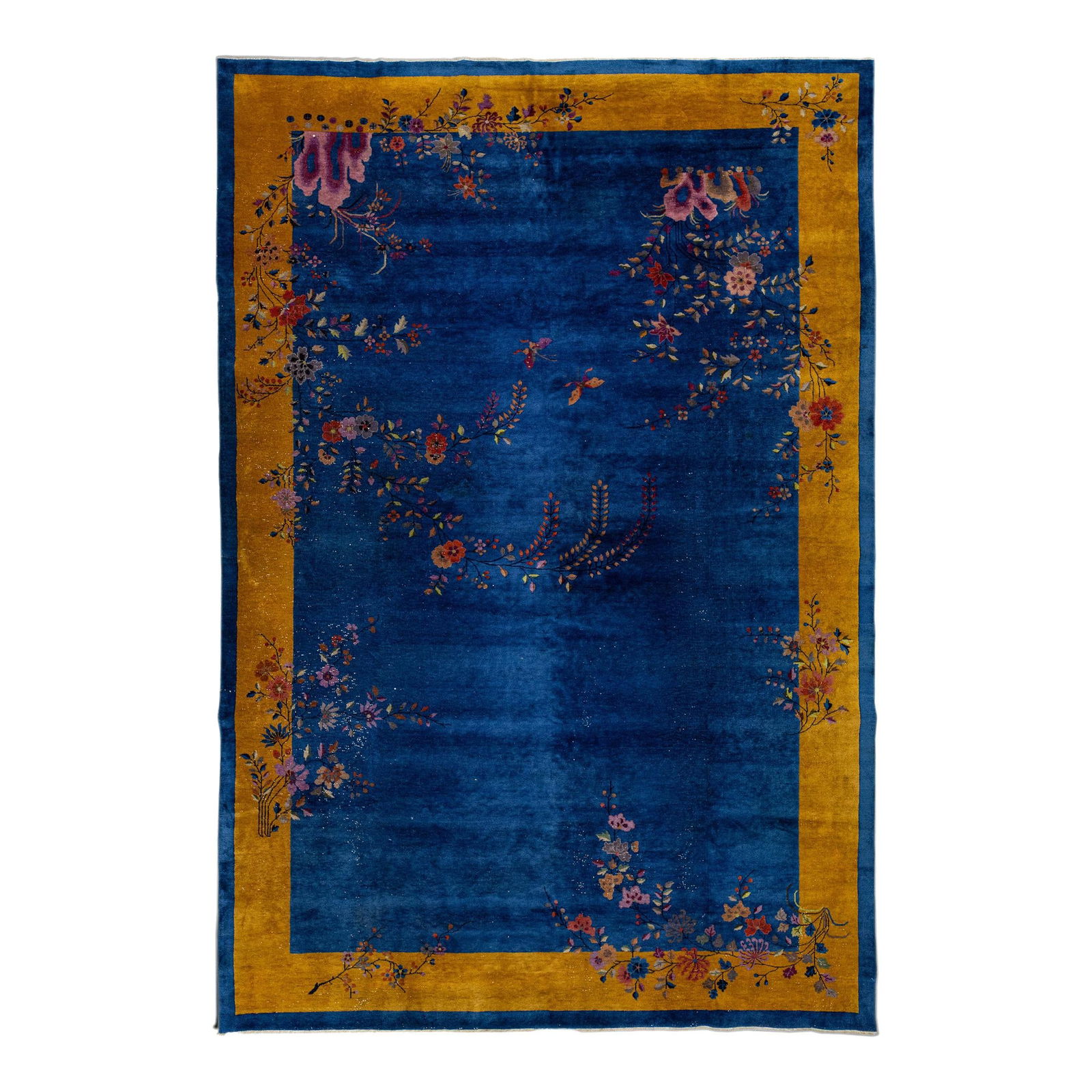 Antique Art Deco Chinese Floral Wool Rug 9'11 x 14'9 Blue: Antique Art Deco Chinese Floral Wool Rug 9'11 x 14'9 Blue This stunning antique Art Deco Chinese rug features a vibrant blue field adorned with a goldenrod frame and an exquisite all-over floral desig