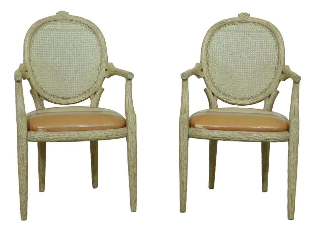 Pair of Rustic Branch Carved Cane Back Armchairs White Washed Finish: Pair of Rustic Branch Carved Cane Back Armchairs White Washed Finish This pair of modern design armchairs features rustic branch carved details and a chic white washed finish. With vintage vinyl seats