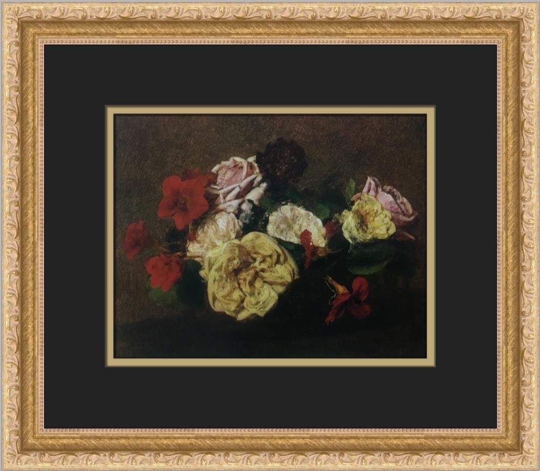 Henri Latour Roses and Nasturtimus Custom Framed Impressionist Print: Henri Latour Roses and Nasturtimus Custom Framed Impressionist Print This exquisite custom framed print features the artwork 'Roses and Nasturtimus In A Vase' by Henri Latour, showcasing a beautiful i