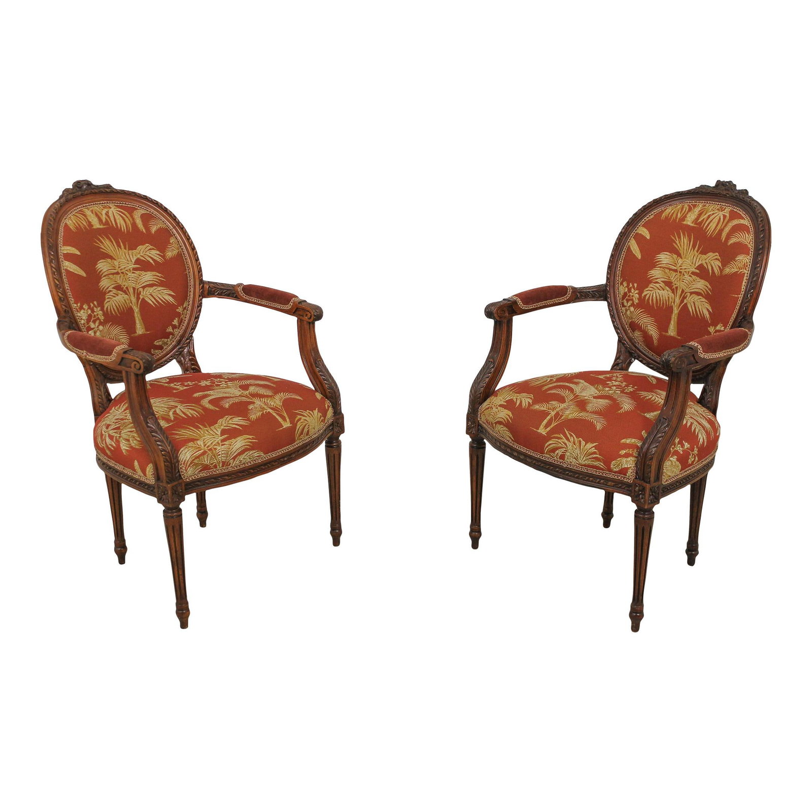Elegant Pair of French Louis XV Carved Armchairs with Tropical Print Upholstery: Elegant Pair of French Louis XV Carved Armchairs with Tropical Print Upholstery Elevate your living space with this exquisite pair of French Louis XV carved frame open armchairs. Crafted with high-qua